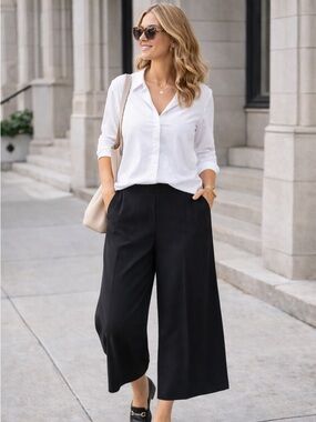 Eileen Fisher Black Wide Leg Crop Pants 1X Tencel Pull On High Rise Minimalist